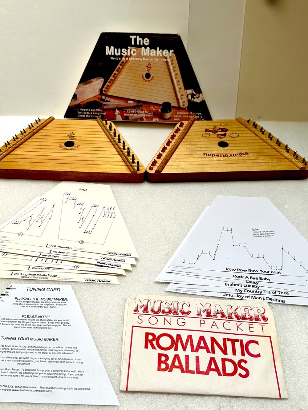 2X ANTIQUE USSR  VTG"THE MUSIC MAKER" LAP HARP INSTRUMENT 24 SONG SHEET NEW/USED